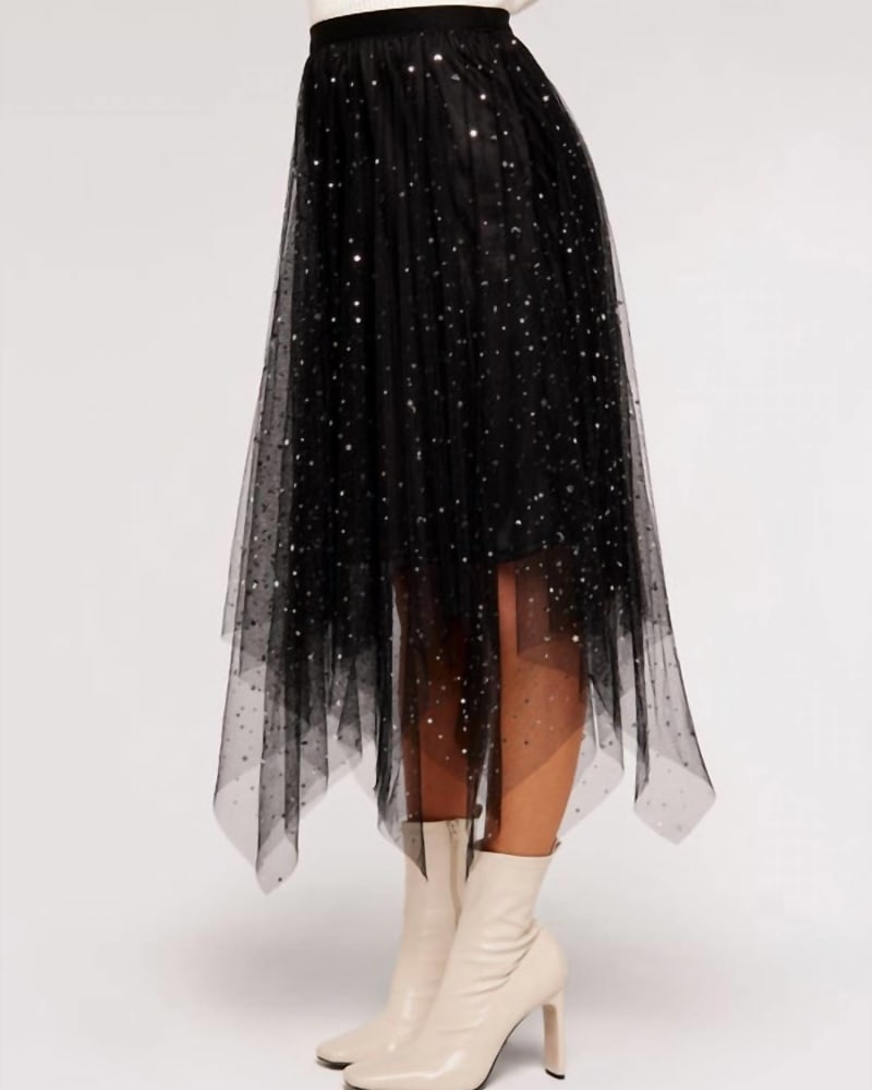 Front of a model wearing a size XL Star Skirt In Black in Black by APRICOT. | dia_product_style_image_id:354794
